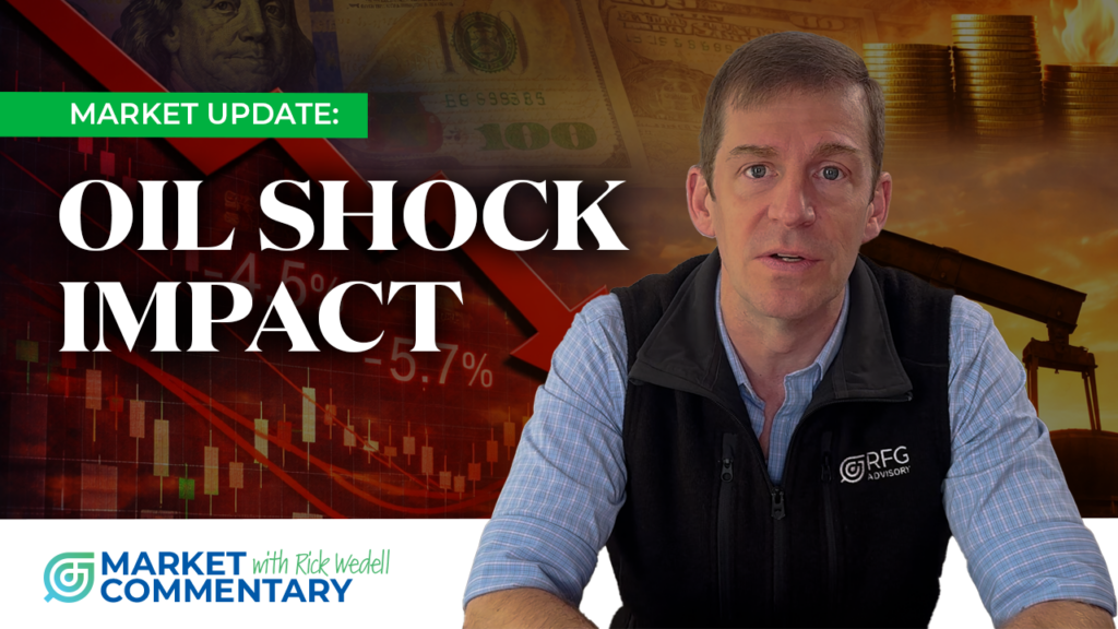 Market update thumbnail showing oil price impact, stock market decline, and inflation concerns with Rick Wedell