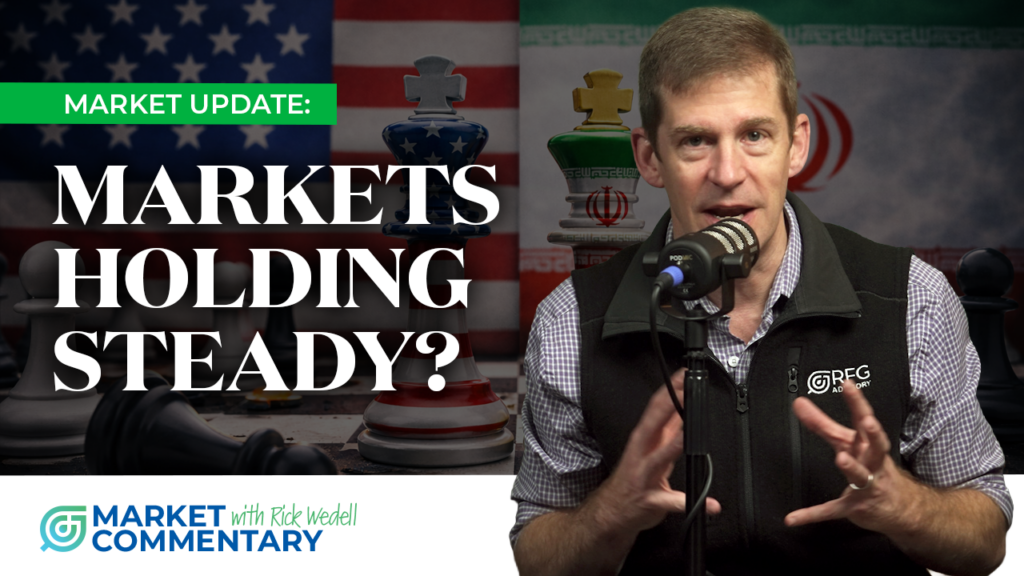 Market update thumbnail showing U.S. and Iran chessboard standoff with Rick Wedell discussing stock market outlook