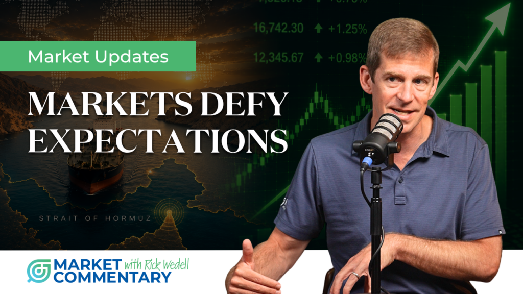Market Commentary thumbnail showing rising stock market charts alongside the Strait of Hormuz and oil tanker imagery